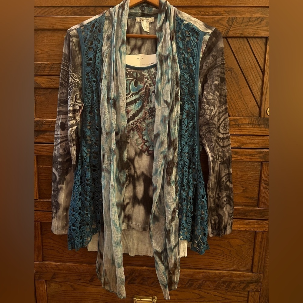 NWT Elysee 26 layered Boho Artsy layered top Crochet Vest Shirt Tunic Top Sz L